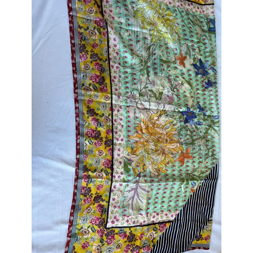 Johnny Was Silk Scarf Floral Mixed Print Tassel Boho Yellow Green 42x42